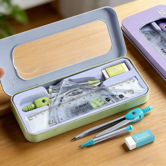 Math Geometry Set with Iron Box Student Exam Drawing Tools Compasses Rulers Triangles Protractor School Supplies for Students
