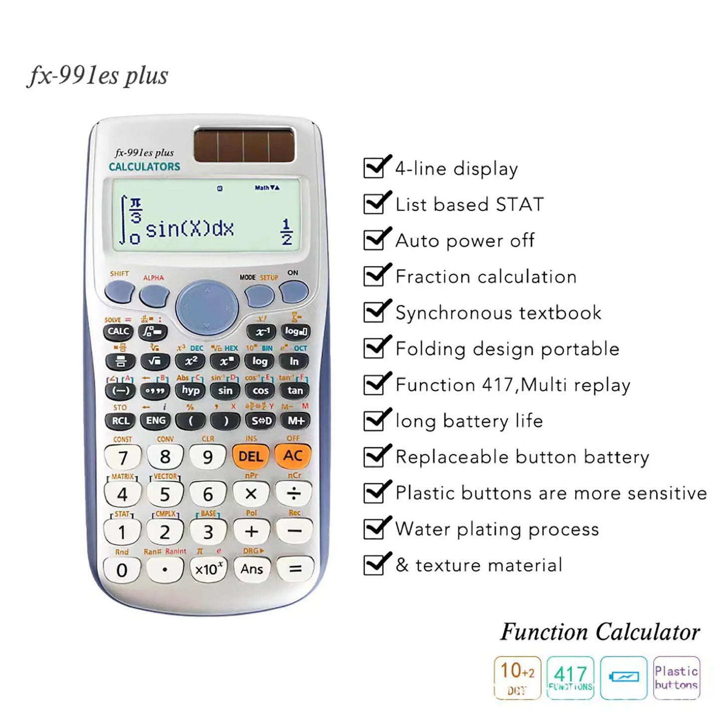 Scientific Calculators Math Calculator with 417 Function 10+2 Digits Display Dual Power Supply Ideal for Teachers Students