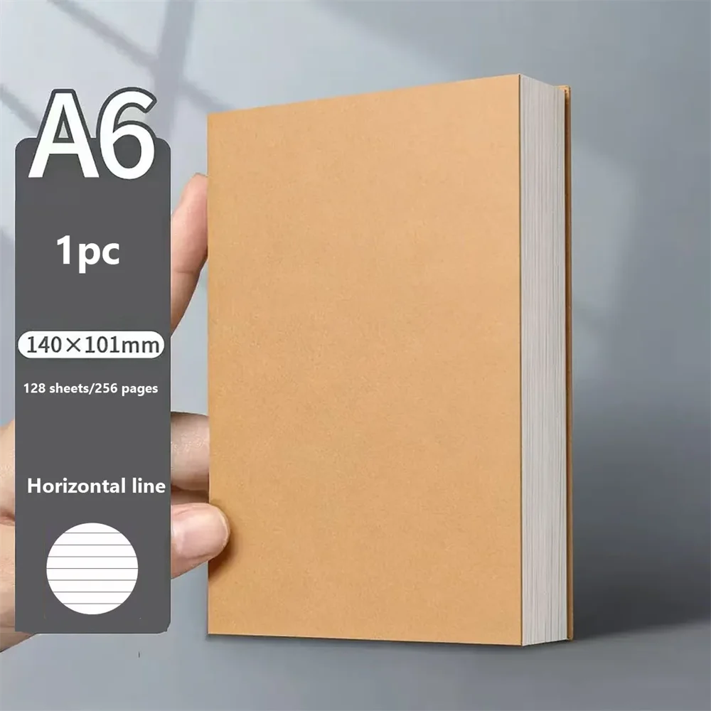 A6 Pocket Thickened Notebook 256 Pages 128 Sheets Line Blank Grid Inner Pages Kraft Paper Cover Small Notepad Book