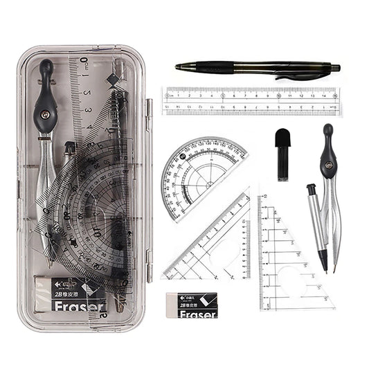 8-Pcs Math Geometry Drawing Tools Set with Stationery Box Circle Gauge Compass Ruler Student Supplies