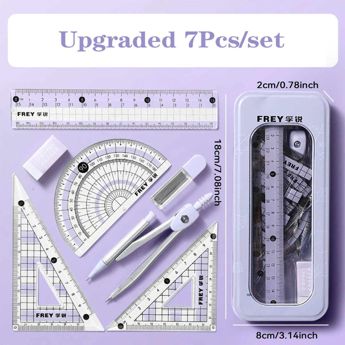 Math Geometry Set with Iron Box Student Exam Drawing Tools Compasses Rulers Triangles Protractor School Supplies for Students