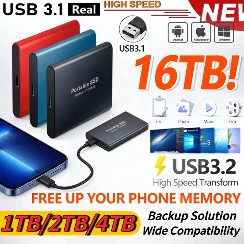 Portable SSD 1TB Original External Hard Drive 2TB High Speed Solid Disk 16TB Mass Storage Drive USB3.2 for Phone/Loptop/Mac/PC