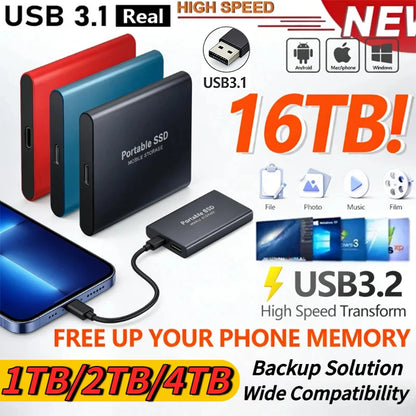 Portable SSD 1TB Original External Hard Drive 2TB High Speed Solid Disk 16TB Mass Storage Drive USB3.2 for Phone/Loptop/Mac/PC