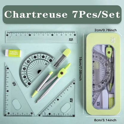 Math Geometry Set with Iron Box Student Exam Drawing Tools Compasses Rulers Triangles Protractor School Supplies for Students