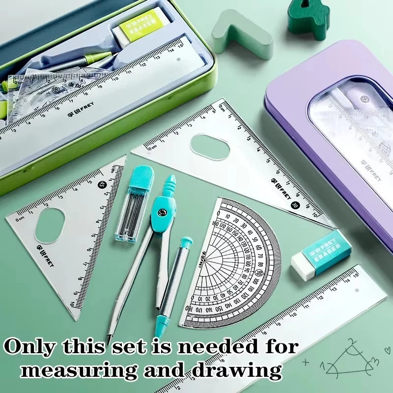 Math Geometry Set with Iron Box Student Exam Drawing Tools Compasses Rulers Triangles Protractor School Supplies for Students