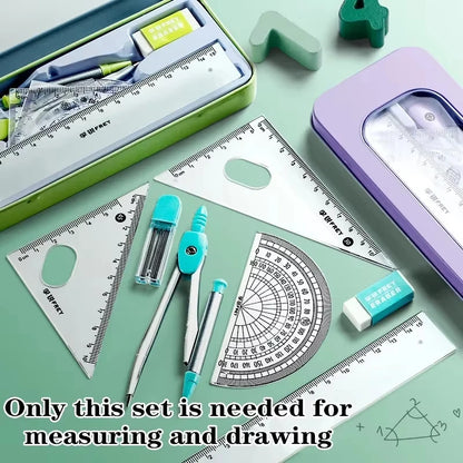 Math Geometry Set with Iron Box Student Exam Drawing Tools Compasses Rulers Triangles Protractor School Supplies for Students