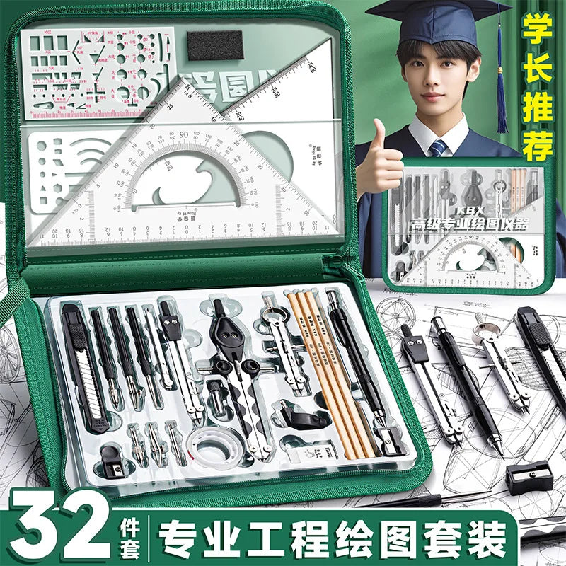 Student Geometry Set Multifunctional Drawing Template Professional Drafting Tools with Ruler Protractor Compass