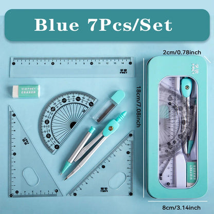 Math Geometry Set with Iron Box Student Exam Drawing Tools Compasses Rulers Triangles Protractor School Supplies for Students