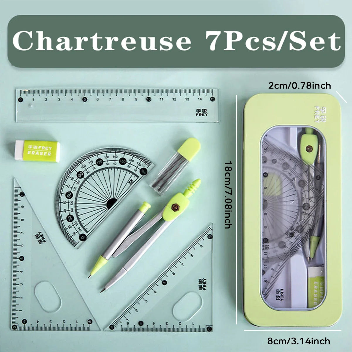 Math Geometry Set with Iron Box Student Exam Drawing Tools Compasses Rulers Triangles Protractor School Supplies for Students