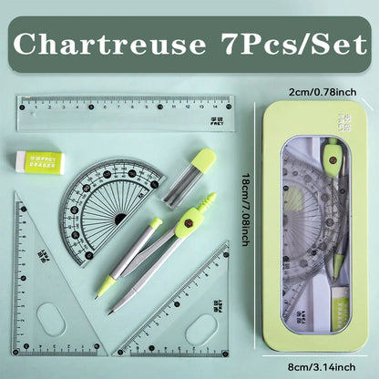 Math Geometry Set with Iron Box Student Exam Drawing Tools Compasses Rulers Triangles Protractor School Supplies for Students