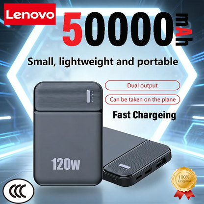 Lenovo 120W 50000mAh Power Bank Portable Thinner Fast Charging External Battery Charger For iPhone 17 Pro Max For Samsung New
