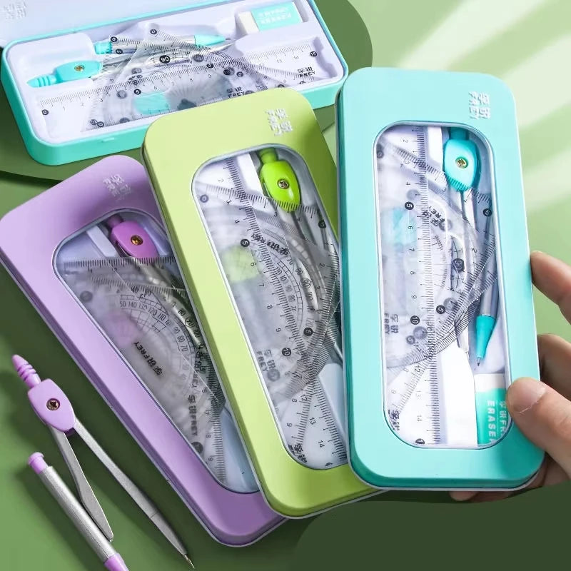 Math Geometry Set with Iron Box Student Exam Drawing Tools Compasses Rulers Triangles Protractor School Supplies for Students